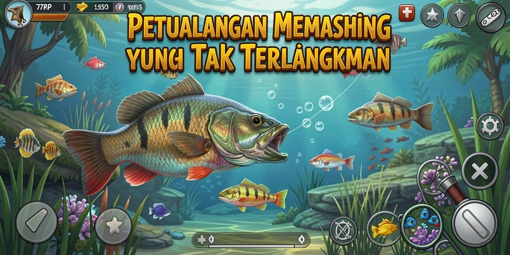 Screenshot gameplay menampilkan pemancing yang bahagia di danau.