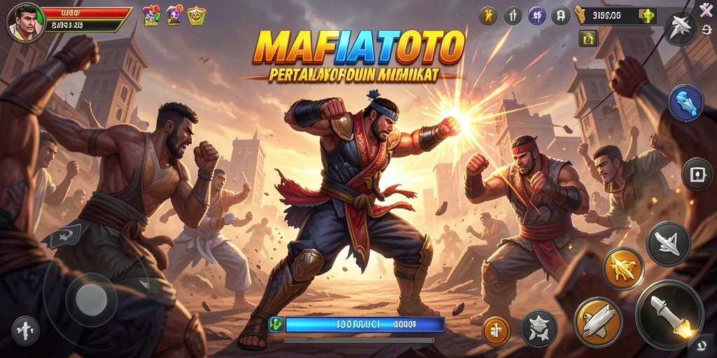 Tampilan gameplay MAFIATOTO yang menampilkan karakter bertarung.