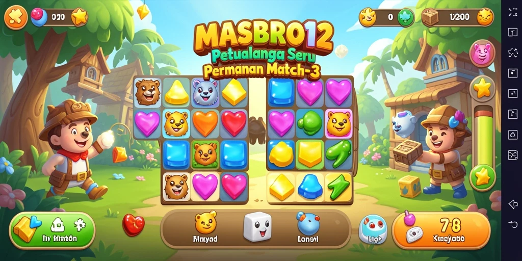 Gambaran permainan <strong>MASBRO12</strong> dengan tampilan elemen match-3 yang vibrant.