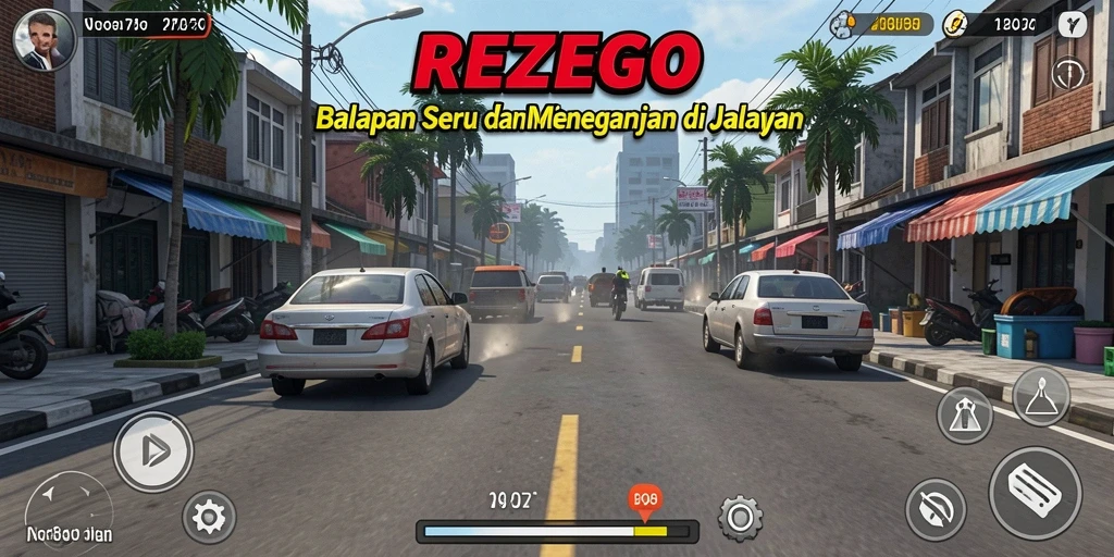 Gameplay seru REZEGO dengan mobil balap di jalanan.